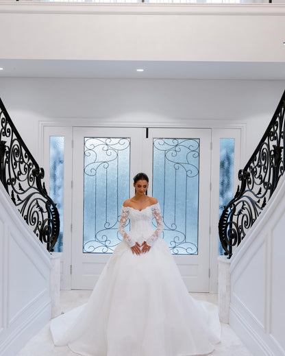 Off-the-Shoulder Lace Ball Gown Wedding Dress