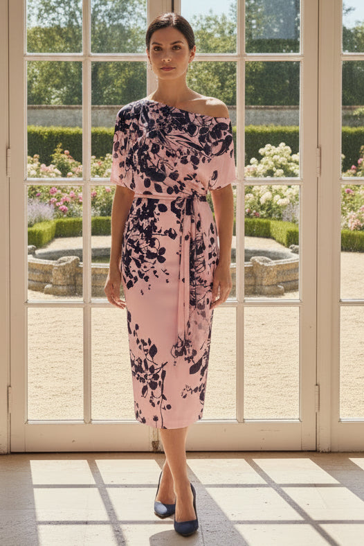 One-Shoulder Floral Midi Dress with Sash