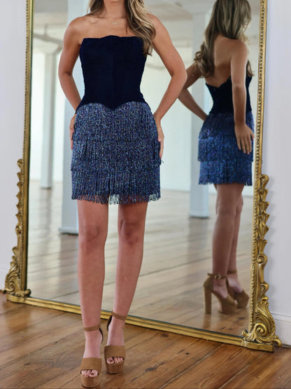 Strapless Velvet Corset Tiered Fringe Mini Dress