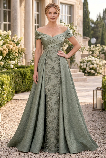 Off-Shoulder Gown with Embroidered Column & Overskirt