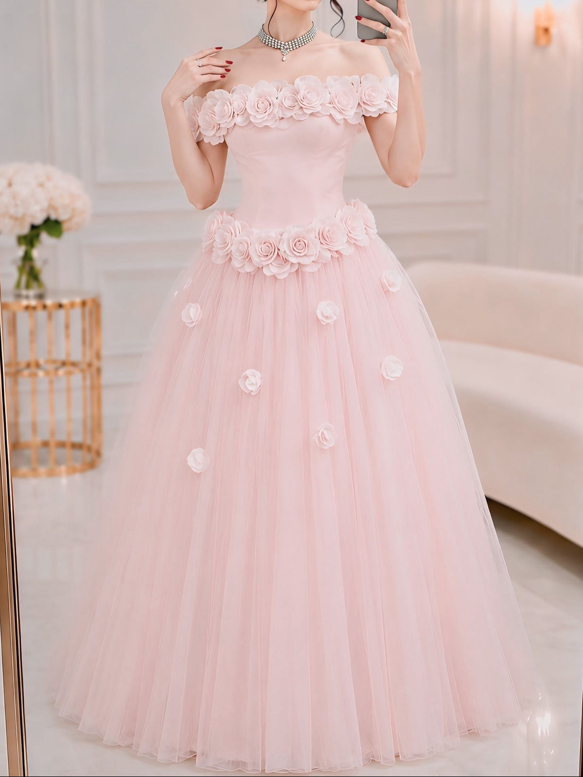 Off-the-Shoulder 3D Floral Tulle Ball Gown