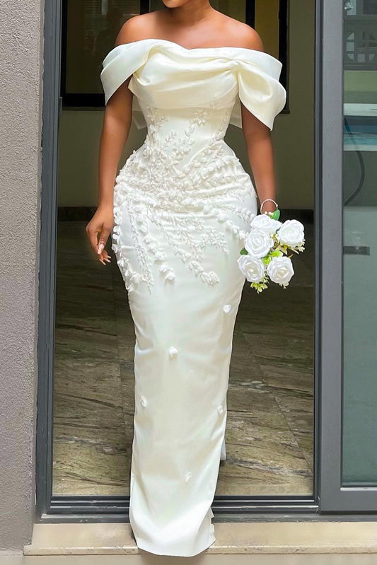 Off-Shoulder Floral Applique Gown with Big Bow
