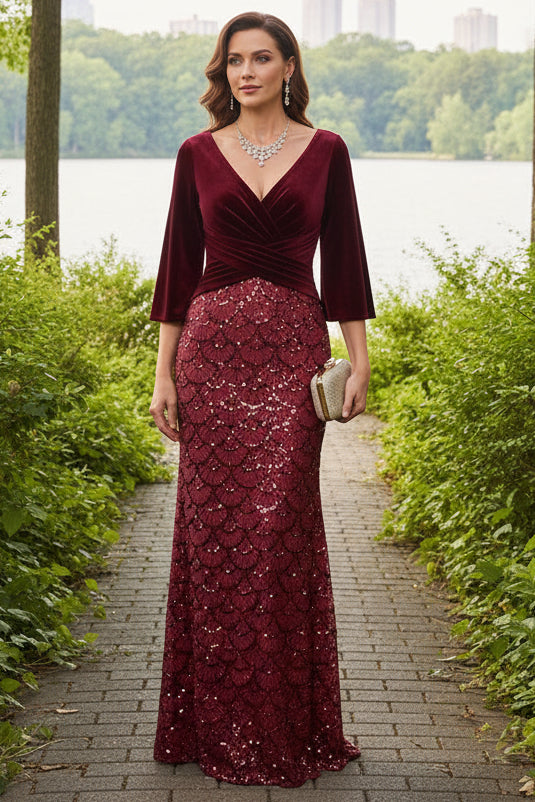 Velvet Bodice Sequin Mermaid Gown with Bell Sleeves