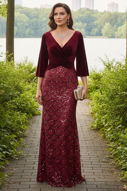 Velvet Bodice Sequin Mermaid Gown with Bell Sleeves