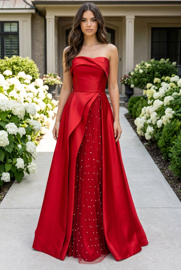 Strapless Satin Ball Gown with Pearl Tulle Split