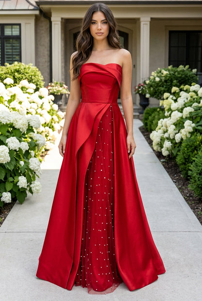 Strapless Satin Ball Gown with Pearl Tulle Split