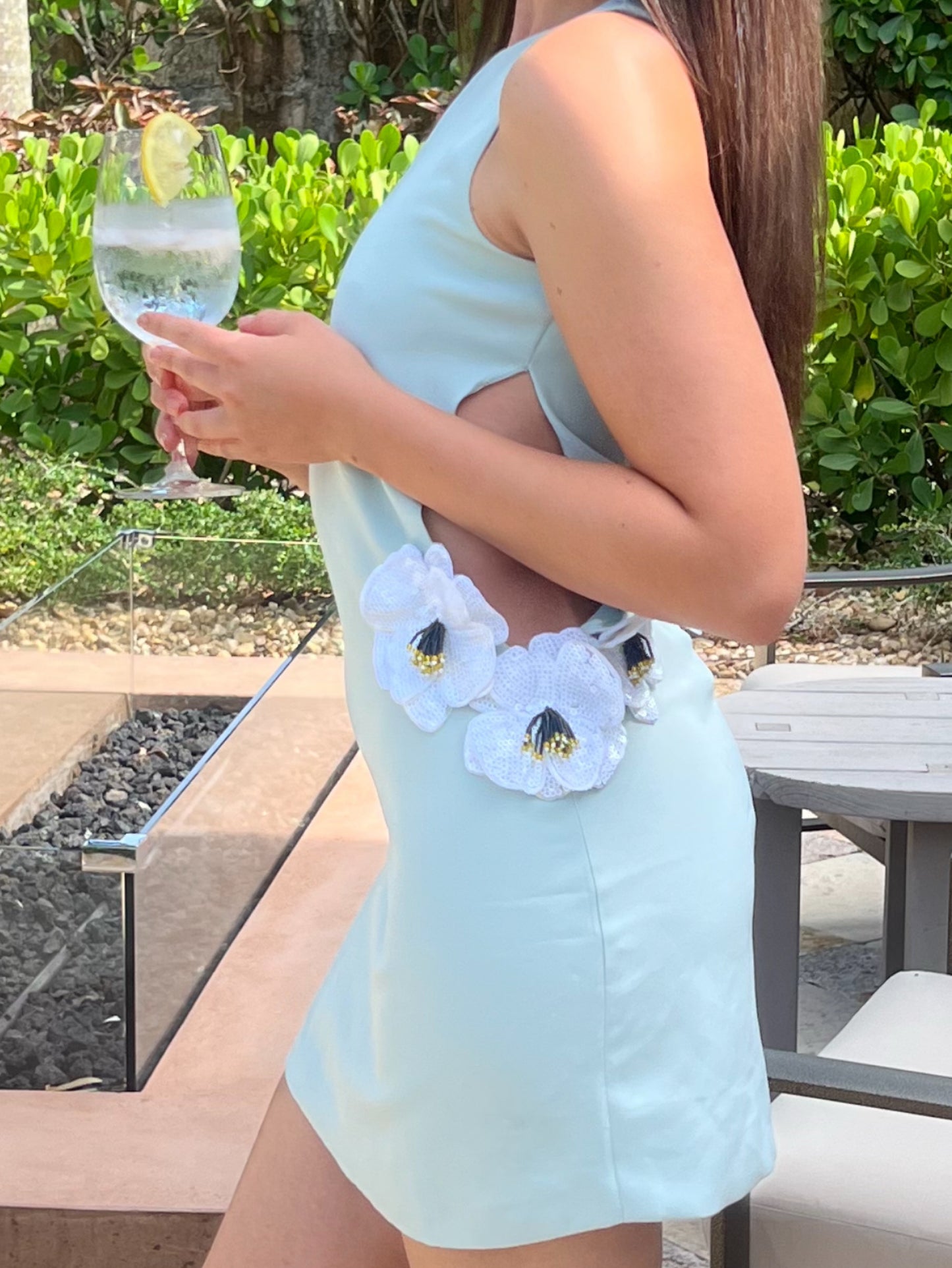 Cut-Out Mini Shift Dress with Floral Appliques