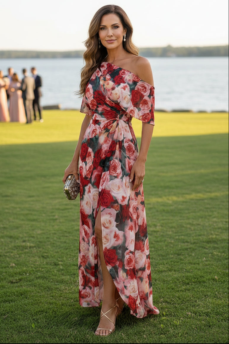 Asymmetrical One-Shoulder Floral Wrap Maxi Dress
