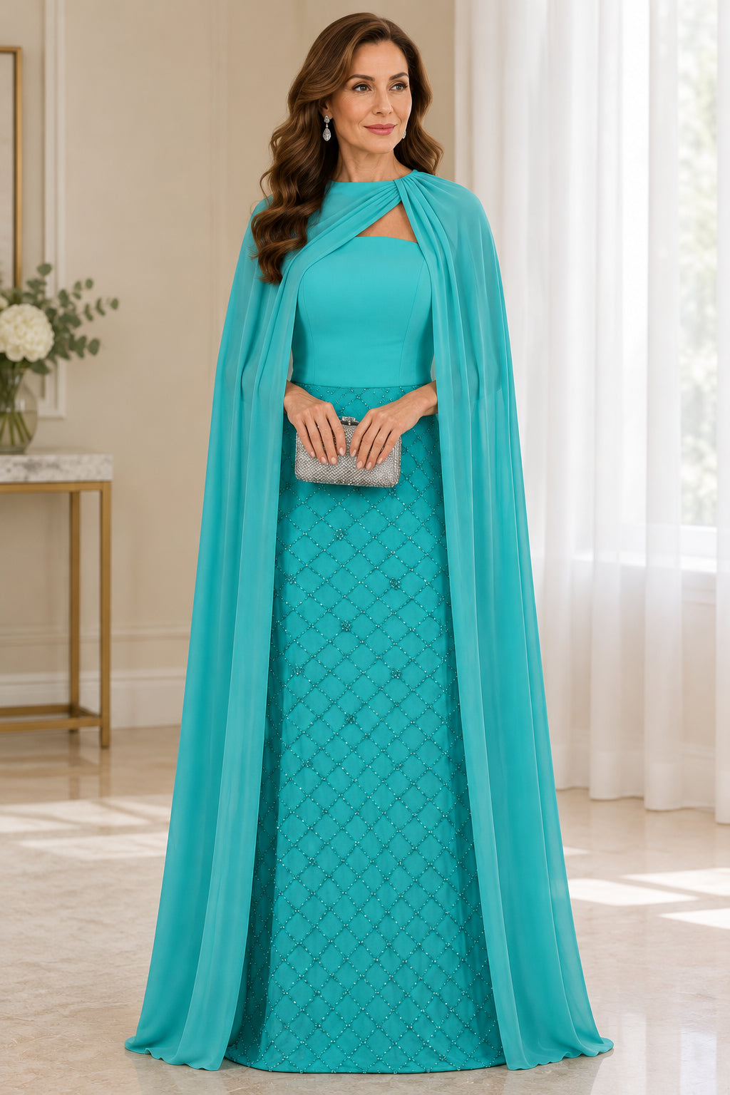 Cape Evening Gown with Beaded Lattice Skirt