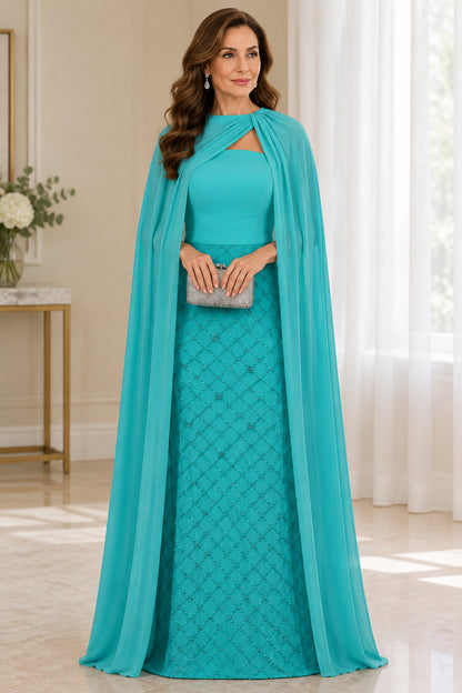 Cape Evening Gown with Beaded Lattice Skirt