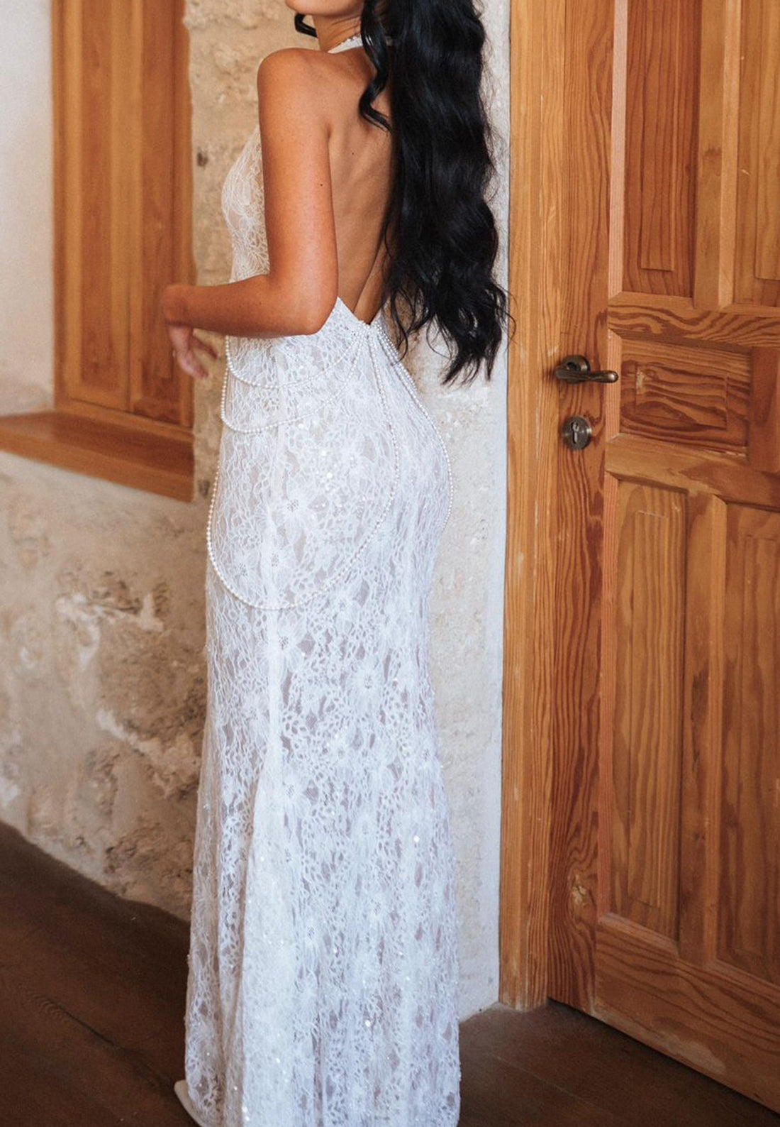 Halter Lace Sheath Gown with Pearl Draping