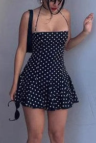 Polka Dot Halter Mini Dress with Tiered Ruffle Hem