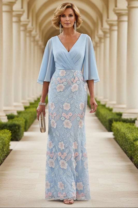 V-Neck Bell Sleeve Sheath Gown with 3D Florals