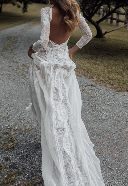 Lace Long Sleeve Open Back Wedding Dress