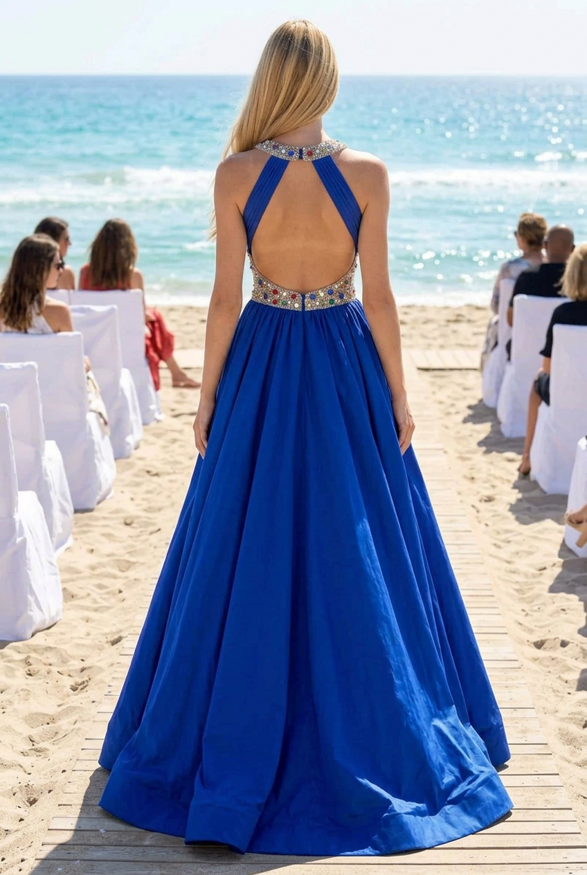 Beaded Halter Pleated A-Line Evening Gown