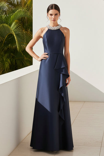 Beaded Halter Neck A-Line Satin Evening Gown