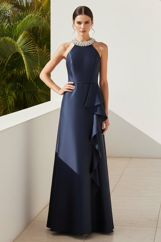 Beaded Halter Neck A-Line Satin Evening Gown