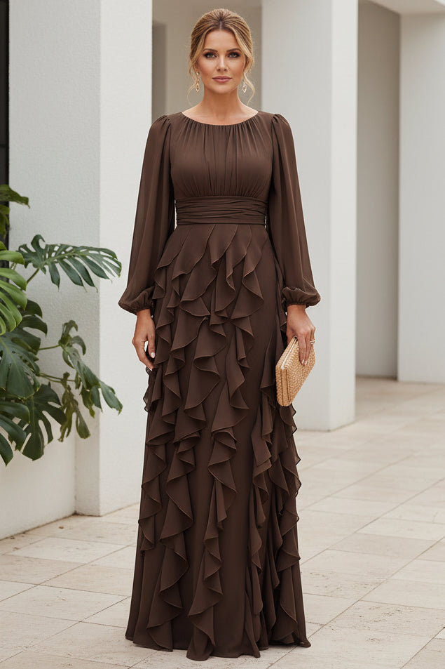 Long Sleeve Tiered Ruffle Maxi Dress with Ruched Waist