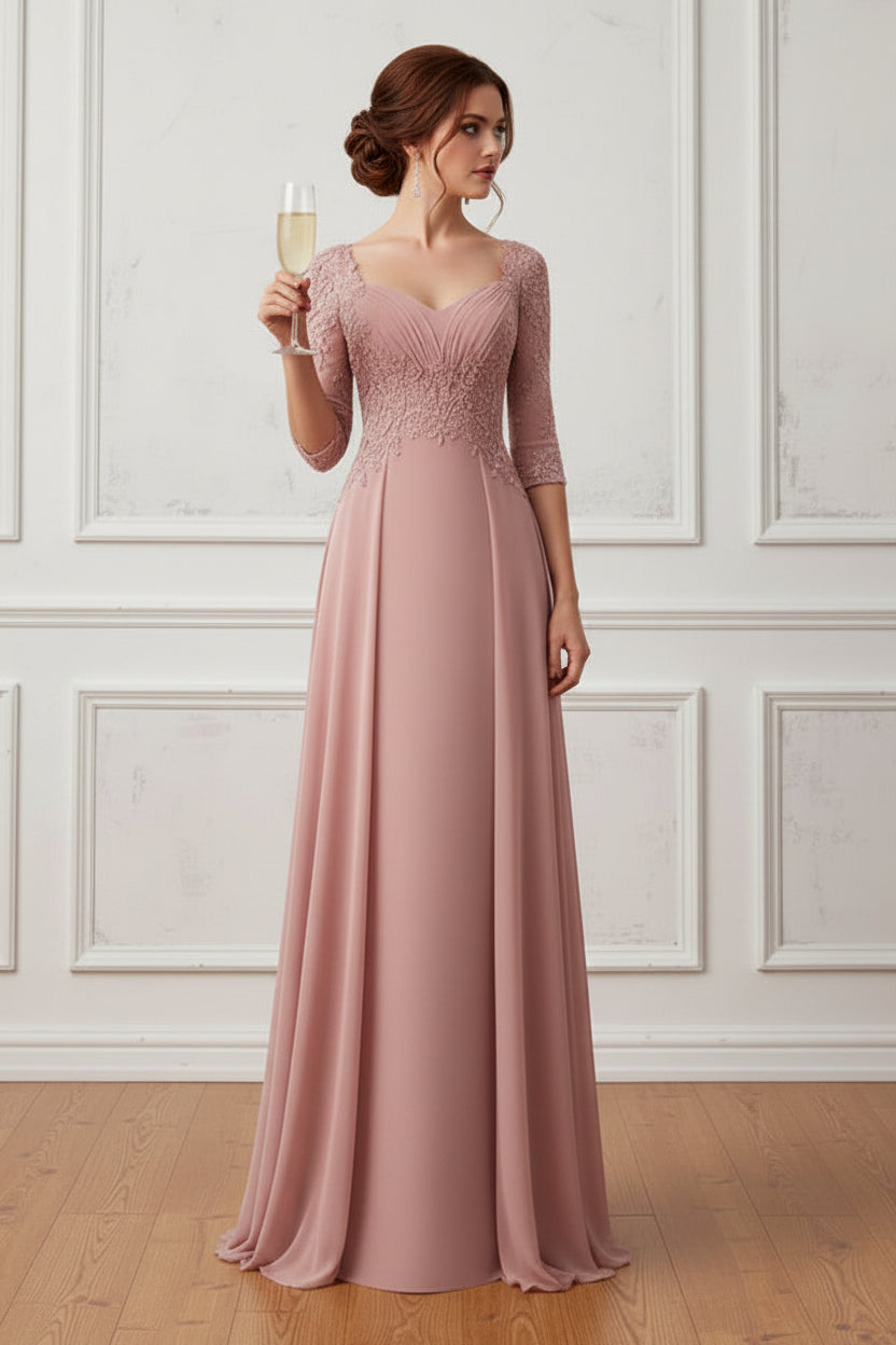 Lace Applique 3/4 Sleeve Chiffon A-Line Gown