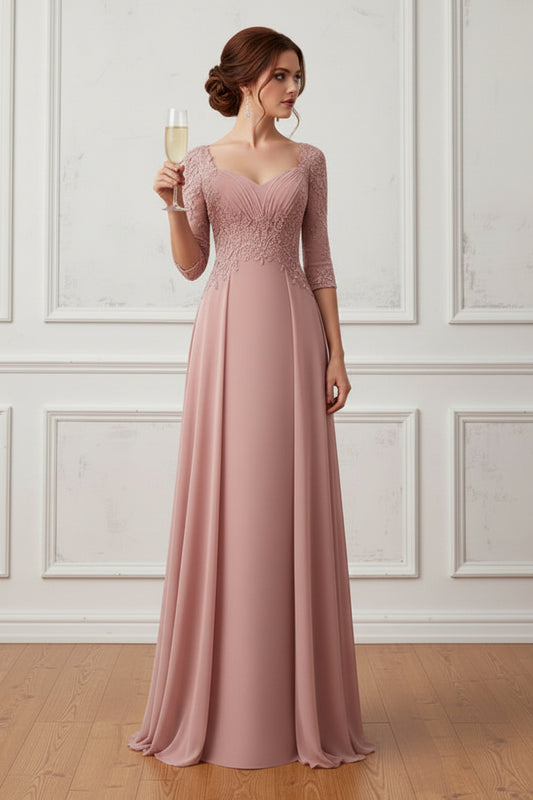 Lace Applique 3/4 Sleeve Chiffon A-Line Gown
