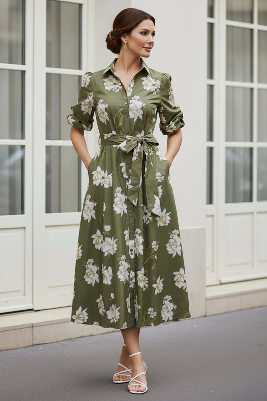 Floral Print A-Line Midi Shirt Dress with Pockets