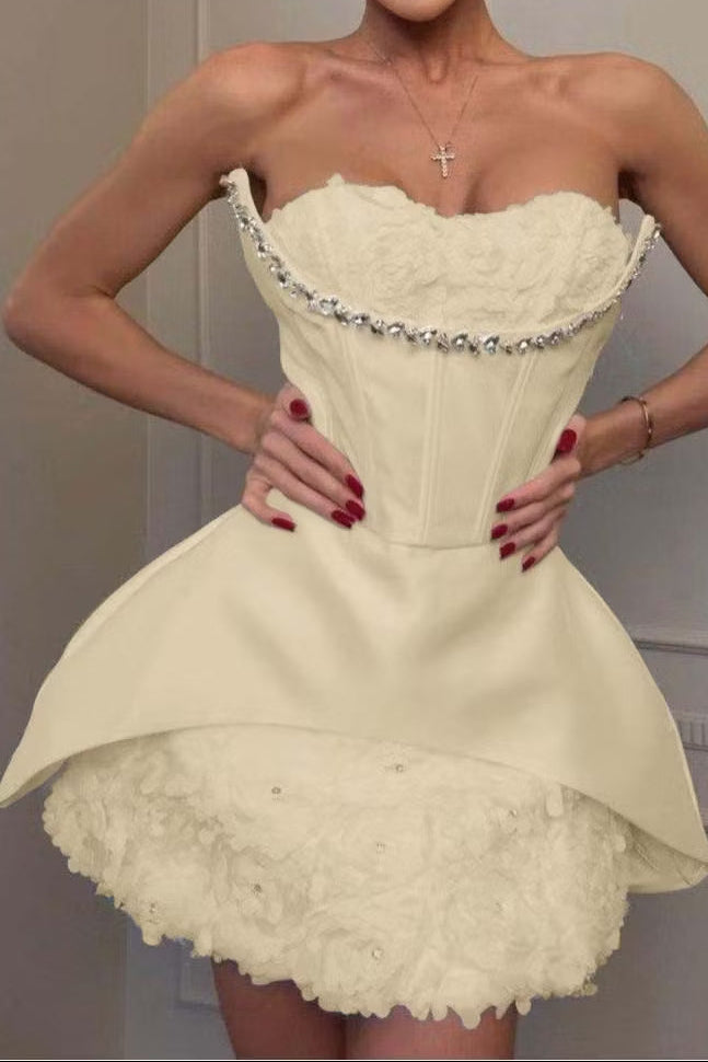 Strapless Corset Mini Dress with 3D Floral Skirt