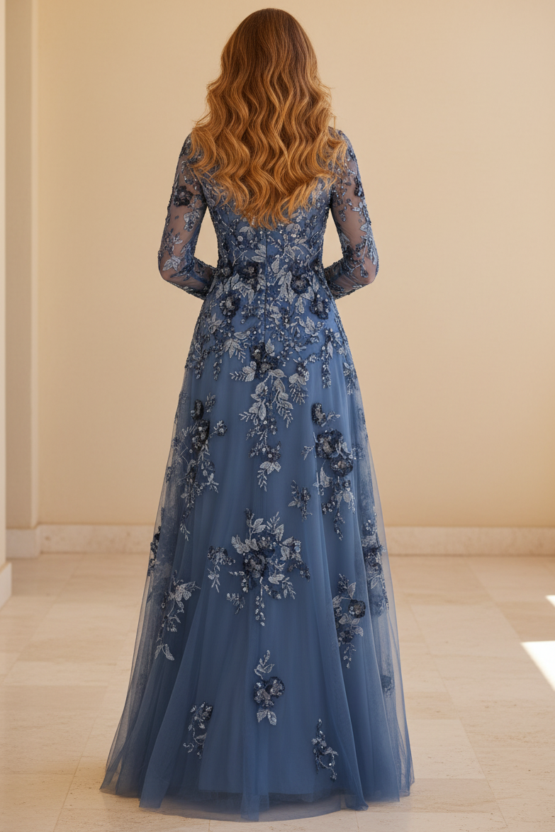 Floral Applique Long Sleeve Square Neck A-Line Gown