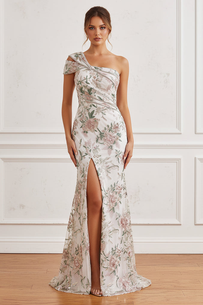 One-Shoulder Floral Embroidered Gown