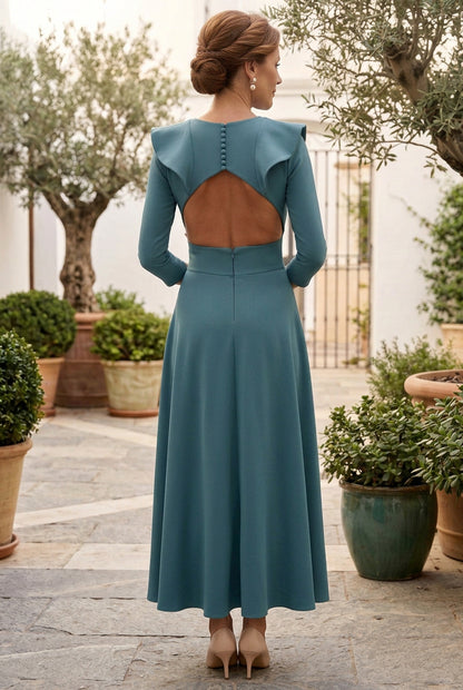 Open Back Ruffle Shoulder Midi Dress