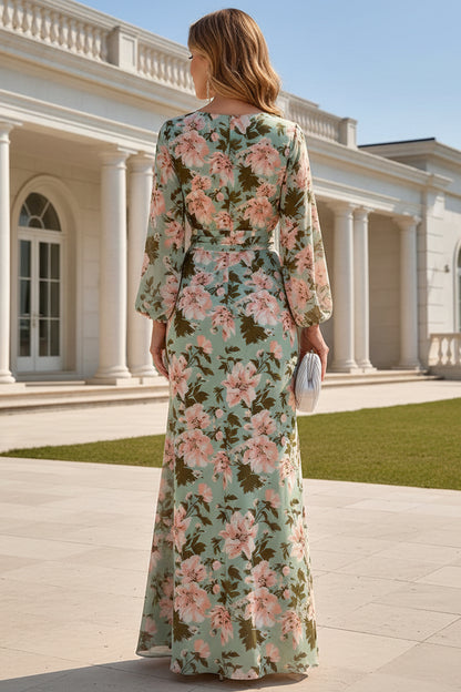 Floral Print Batwing Sleeve Ruched Waist Maxi Dress