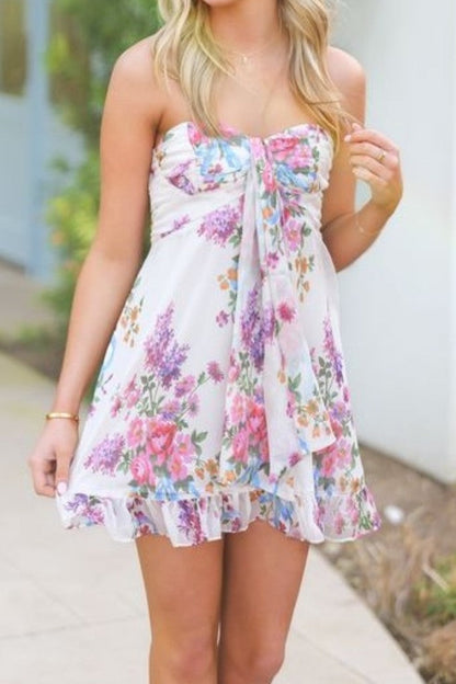 Strapless Floral Mini Dress with Tie Bodice