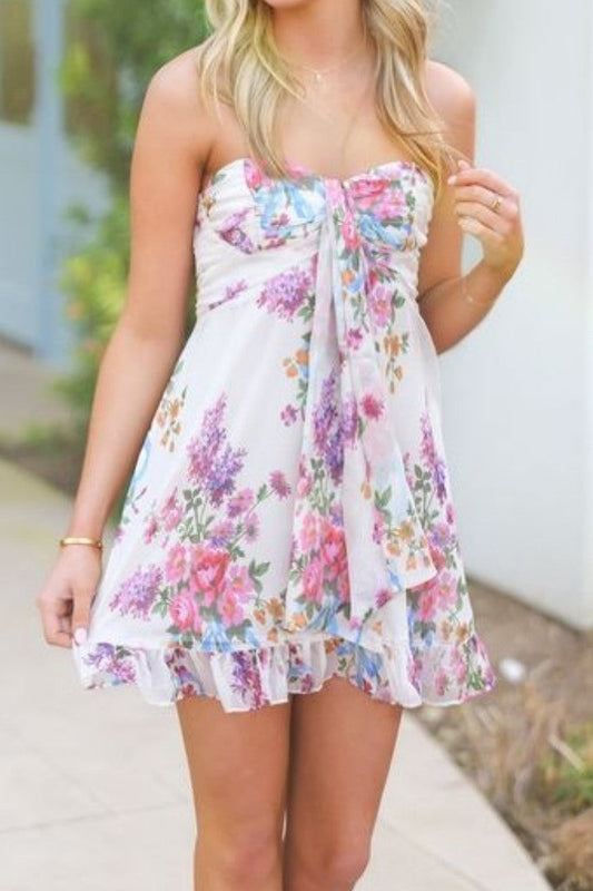 Strapless Floral Mini Dress with Tie Bodice