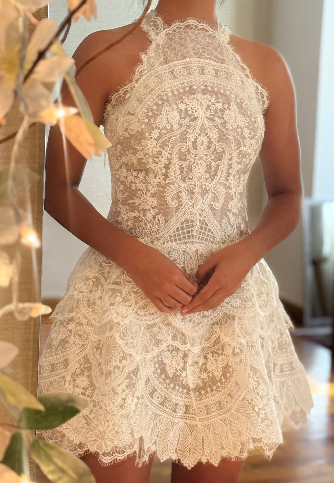 Halter Neck Tiered Lace Mini Dress