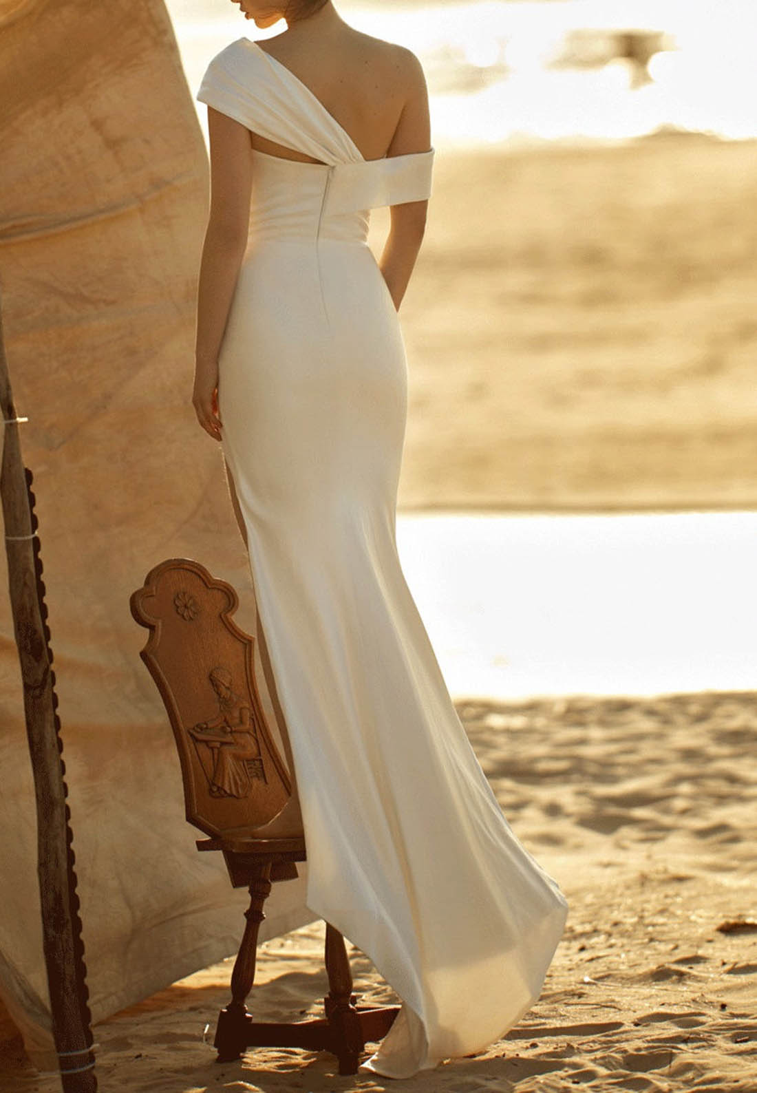 One-Shoulder Satin Wedding Dress with High Slit