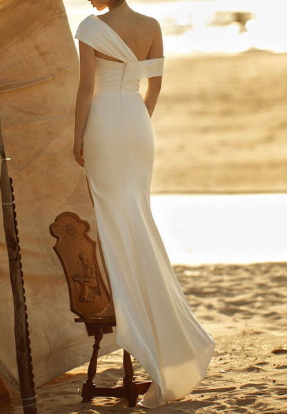 One-Shoulder Satin Wedding Dress with High Slit