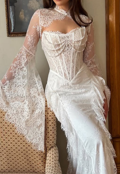 High Neck Lace Mermaid Wedding Dress with Bell Sleeves