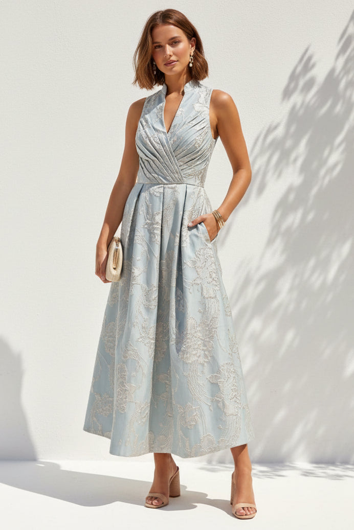Pleated Metallic Jacquard Midi Dress