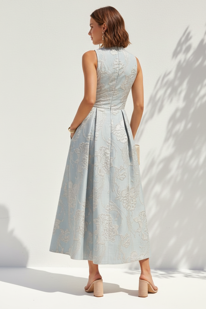 Pleated Metallic Jacquard Midi Dress