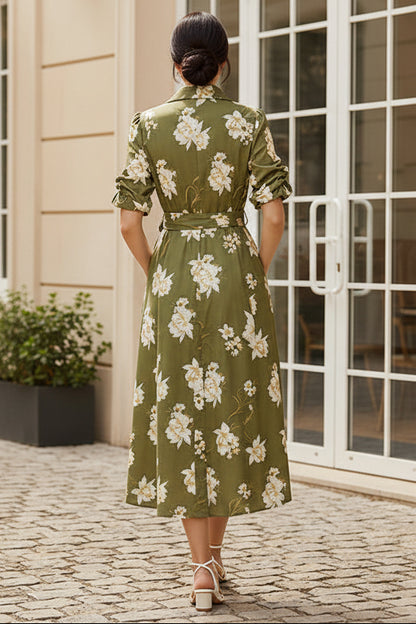 Floral Print A-Line Midi Shirt Dress with Pockets