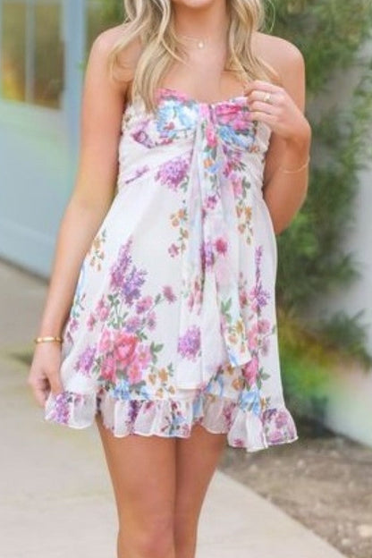 Strapless Floral Mini Dress with Tie Bodice