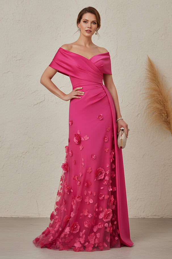 Off-the-Shoulder 3D Floral A-Line Gown