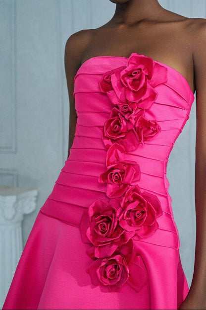 Strapless 3D Floral Rosette Pleated Mini Dress