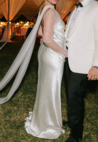 Satin Slip Wedding Dress with Sheer Cape Sleeves