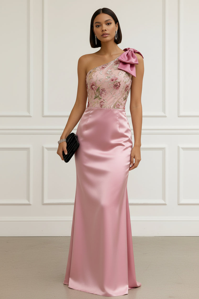 One-Shoulder Floral Embroidered Satin Evening Gown