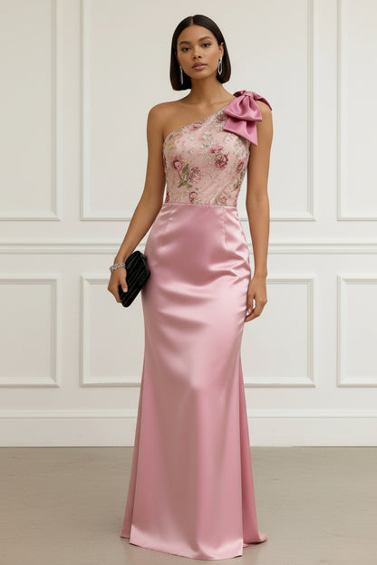 One-Shoulder Floral Embroidered Satin Evening Gown