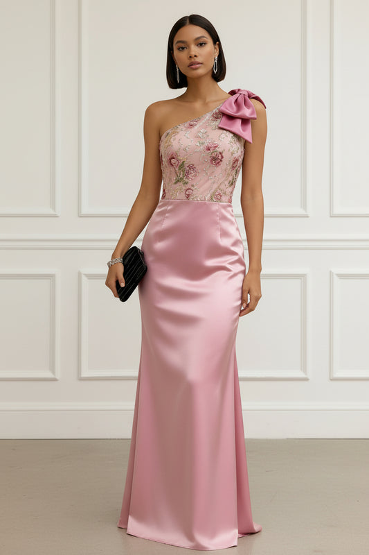 One-Shoulder Floral Embroidered Satin Evening Gown