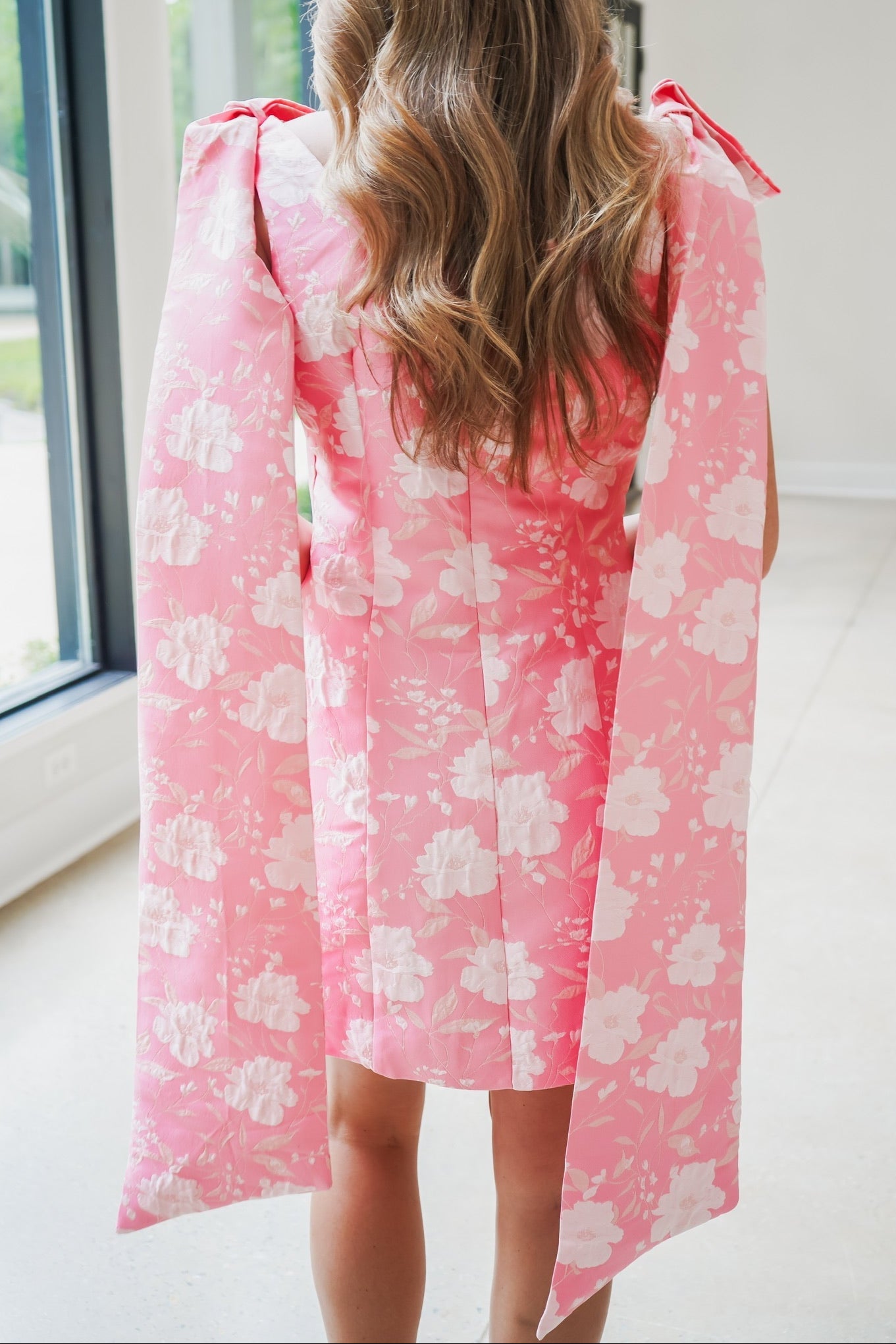 Floral Jacquard Mini Dress with Shoulder Bow Ties