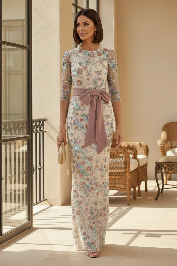 Floral Sequin Illusion Sleeve Column Gown