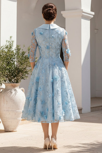 3D Floral Tea-Length A-Line Dress with Pockets