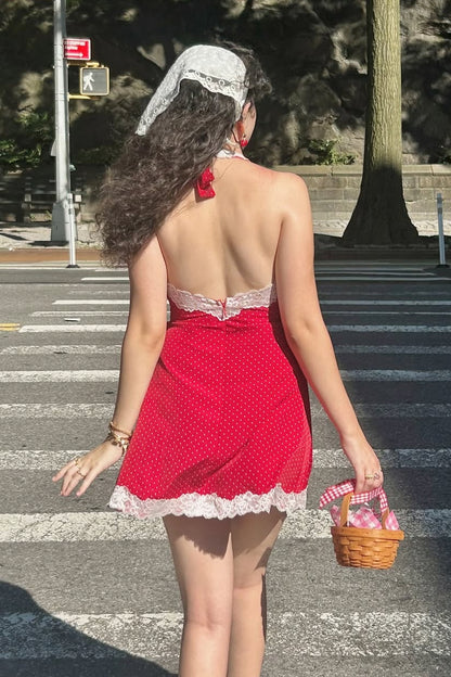 Backless Halter Neck Lace Trim Mini Dress